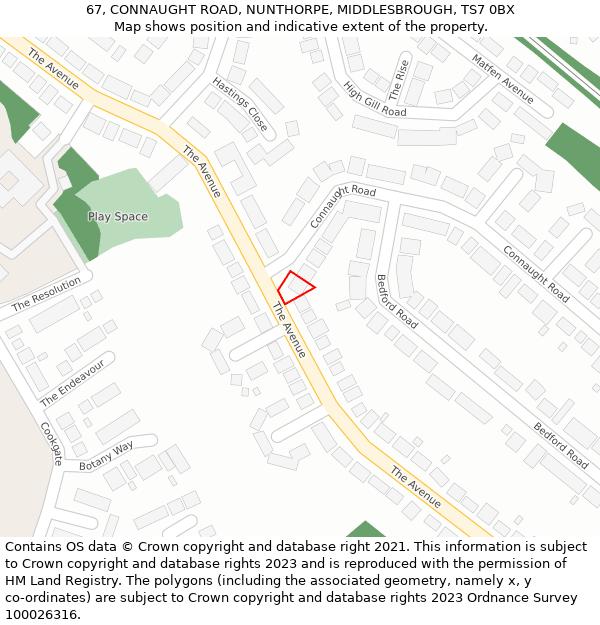 67, CONNAUGHT ROAD, NUNTHORPE, MIDDLESBROUGH, TS7 0BX: Location map and indicative extent of plot