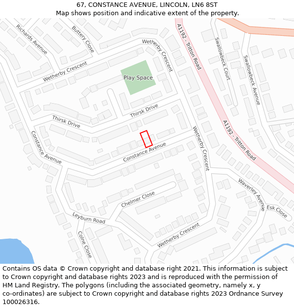 67, CONSTANCE AVENUE, LINCOLN, LN6 8ST: Location map and indicative extent of plot