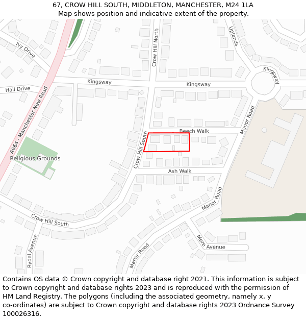 67, CROW HILL SOUTH, MIDDLETON, MANCHESTER, M24 1LA: Location map and indicative extent of plot