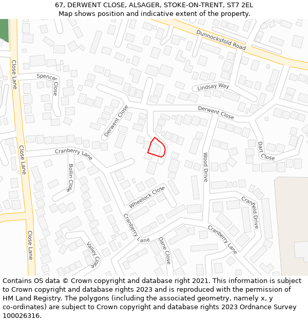 67, DERWENT CLOSE, ALSAGER, STOKE-ON-TRENT, ST7 2EL: Location map and indicative extent of plot