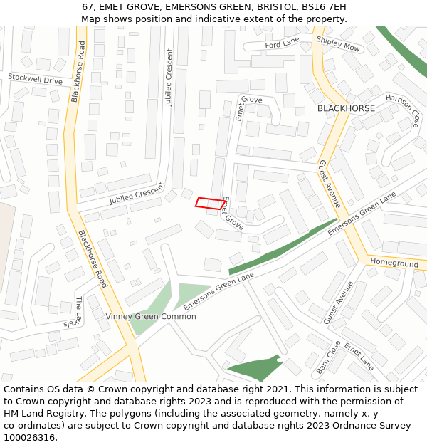 67, EMET GROVE, EMERSONS GREEN, BRISTOL, BS16 7EH: Location map and indicative extent of plot