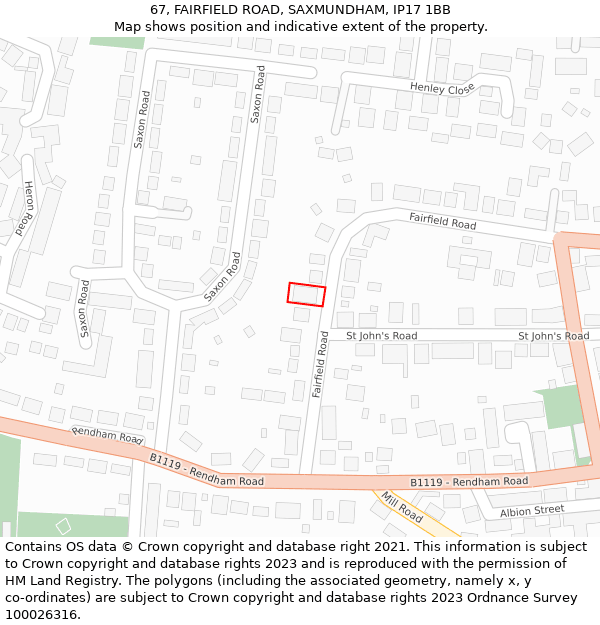 67, FAIRFIELD ROAD, SAXMUNDHAM, IP17 1BB: Location map and indicative extent of plot