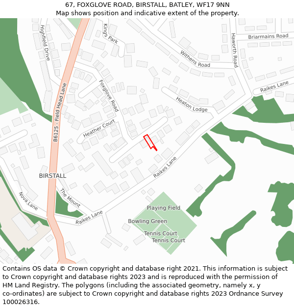 67, FOXGLOVE ROAD, BIRSTALL, BATLEY, WF17 9NN: Location map and indicative extent of plot