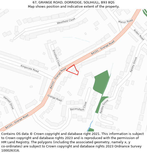 67, GRANGE ROAD, DORRIDGE, SOLIHULL, B93 8QS: Location map and indicative extent of plot