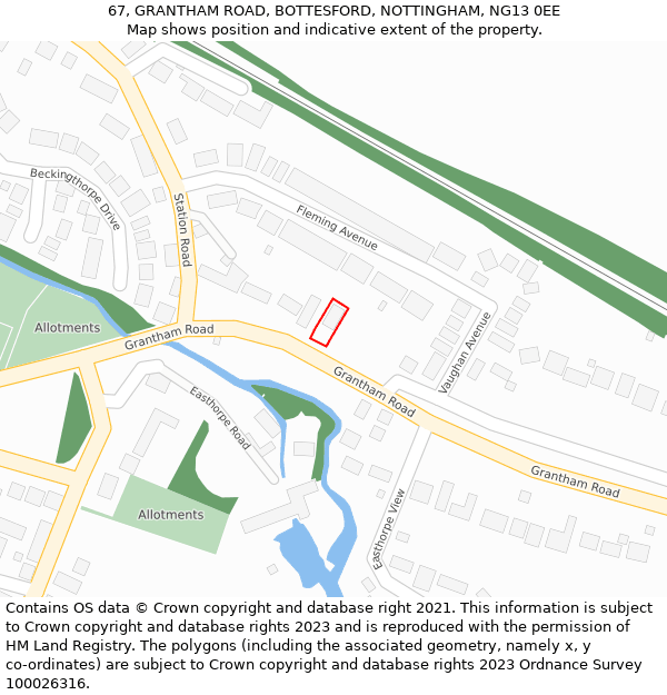 67, GRANTHAM ROAD, BOTTESFORD, NOTTINGHAM, NG13 0EE: Location map and indicative extent of plot