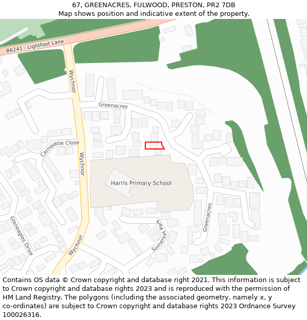 67, GREENACRES, FULWOOD, PRESTON, PR2 7DB: Location map and indicative extent of plot