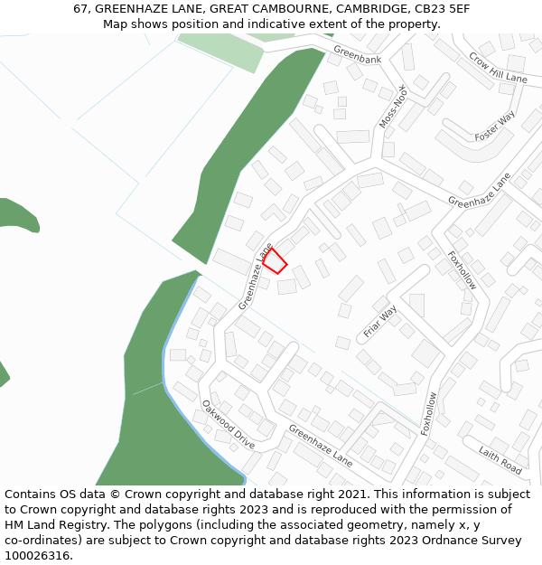 67, GREENHAZE LANE, GREAT CAMBOURNE, CAMBRIDGE, CB23 5EF: Location map and indicative extent of plot