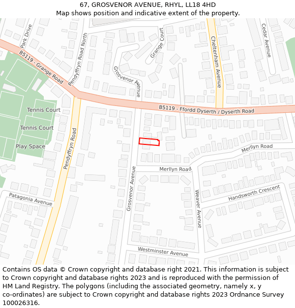 67, GROSVENOR AVENUE, RHYL, LL18 4HD: Location map and indicative extent of plot