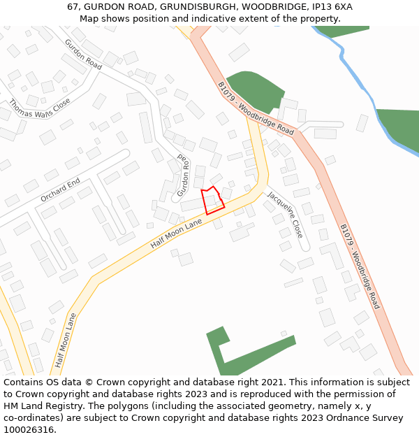 67, GURDON ROAD, GRUNDISBURGH, WOODBRIDGE, IP13 6XA: Location map and indicative extent of plot