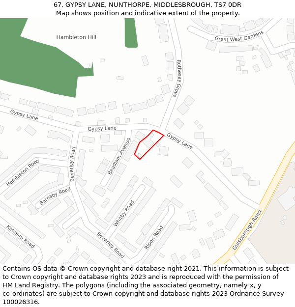 67, GYPSY LANE, NUNTHORPE, MIDDLESBROUGH, TS7 0DR: Location map and indicative extent of plot