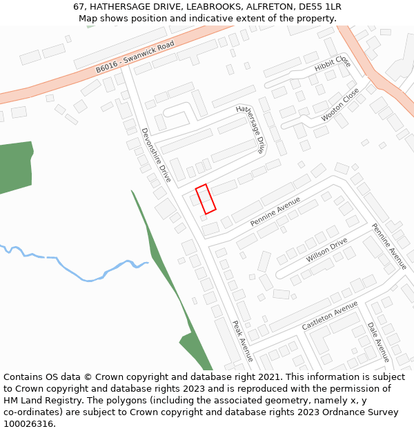 67, HATHERSAGE DRIVE, LEABROOKS, ALFRETON, DE55 1LR: Location map and indicative extent of plot