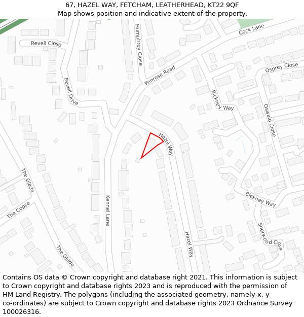 67, HAZEL WAY, FETCHAM, LEATHERHEAD, KT22 9QF: Location map and indicative extent of plot