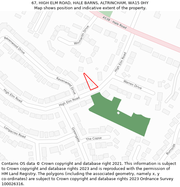 67, HIGH ELM ROAD, HALE BARNS, ALTRINCHAM, WA15 0HY: Location map and indicative extent of plot