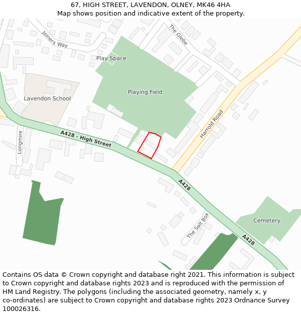 67, HIGH STREET, LAVENDON, OLNEY, MK46 4HA: Location map and indicative extent of plot