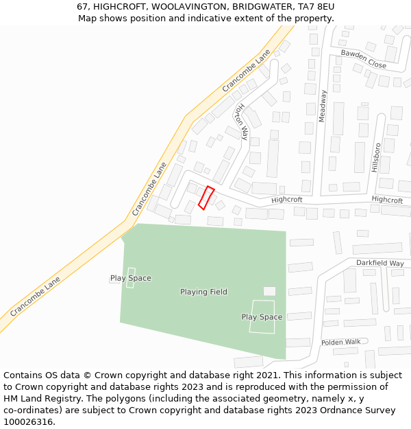 67, HIGHCROFT, WOOLAVINGTON, BRIDGWATER, TA7 8EU: Location map and indicative extent of plot