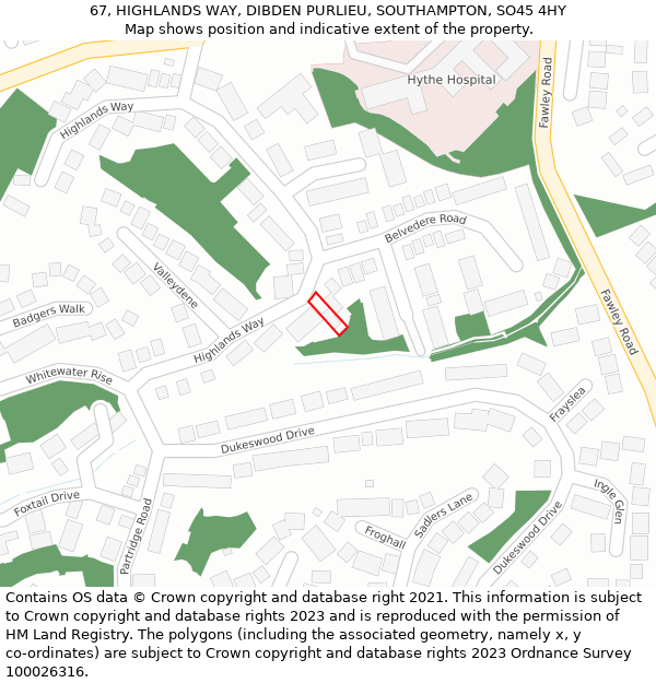 67, HIGHLANDS WAY, DIBDEN PURLIEU, SOUTHAMPTON, SO45 4HY: Location map and indicative extent of plot