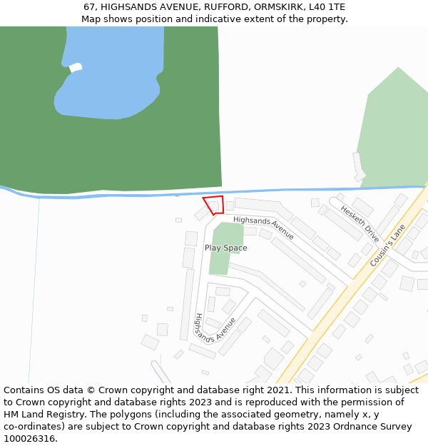 67, HIGHSANDS AVENUE, RUFFORD, ORMSKIRK, L40 1TE: Location map and indicative extent of plot