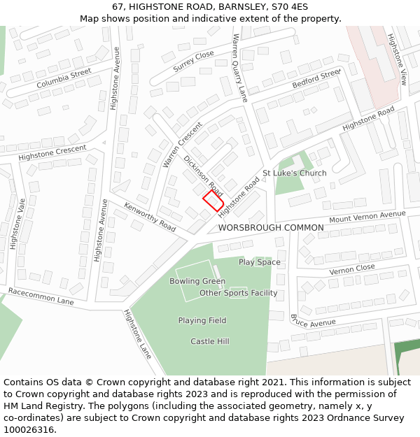 67, HIGHSTONE ROAD, BARNSLEY, S70 4ES: Location map and indicative extent of plot