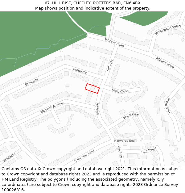 67, HILL RISE, CUFFLEY, POTTERS BAR, EN6 4RX: Location map and indicative extent of plot