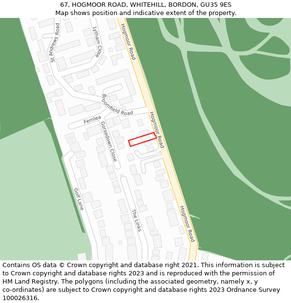 67, HOGMOOR ROAD, WHITEHILL, BORDON, GU35 9ES: Location map and indicative extent of plot