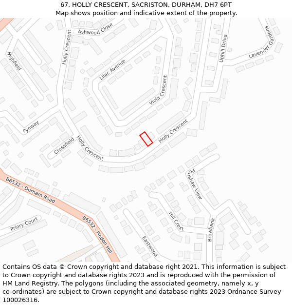 67, HOLLY CRESCENT, SACRISTON, DURHAM, DH7 6PT: Location map and indicative extent of plot
