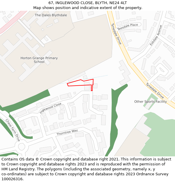 67, INGLEWOOD CLOSE, BLYTH, NE24 4LT: Location map and indicative extent of plot