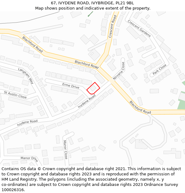 67, IVYDENE ROAD, IVYBRIDGE, PL21 9BL: Location map and indicative extent of plot