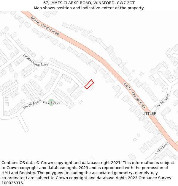 67, JAMES CLARKE ROAD, WINSFORD, CW7 2GT: Location map and indicative extent of plot