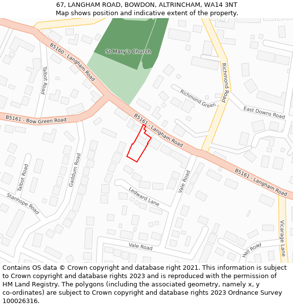 67, LANGHAM ROAD, BOWDON, ALTRINCHAM, WA14 3NT: Location map and indicative extent of plot