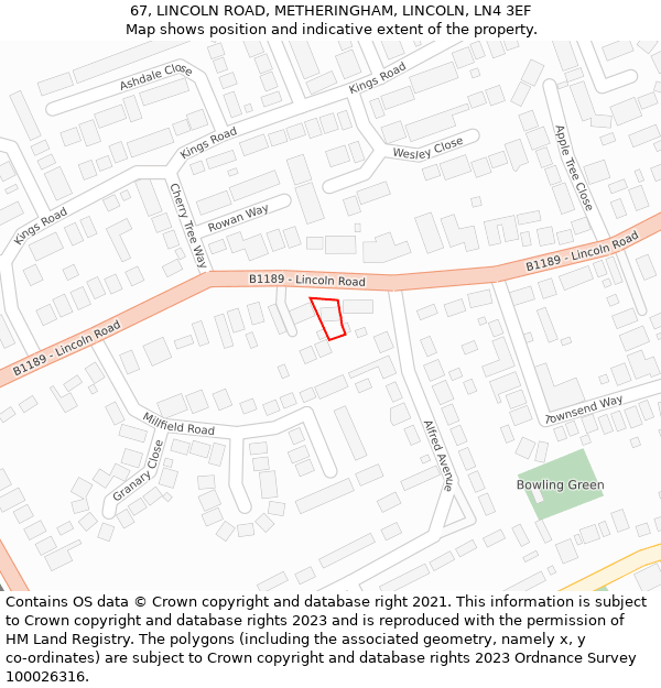 67, LINCOLN ROAD, METHERINGHAM, LINCOLN, LN4 3EF: Location map and indicative extent of plot