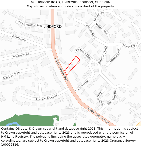 67, LIPHOOK ROAD, LINDFORD, BORDON, GU35 0PN: Location map and indicative extent of plot