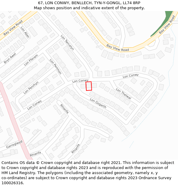 67, LON CONWY, BENLLECH, TYN-Y-GONGL, LL74 8RP: Location map and indicative extent of plot