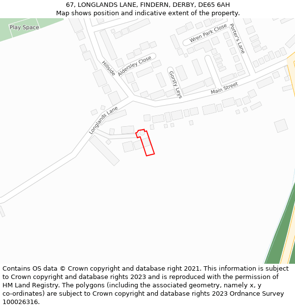 67, LONGLANDS LANE, FINDERN, DERBY, DE65 6AH: Location map and indicative extent of plot