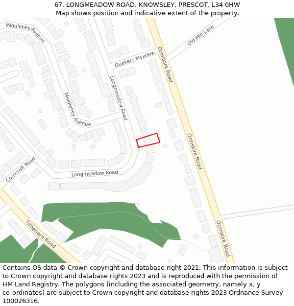 67, LONGMEADOW ROAD, KNOWSLEY, PRESCOT, L34 0HW: Location map and indicative extent of plot