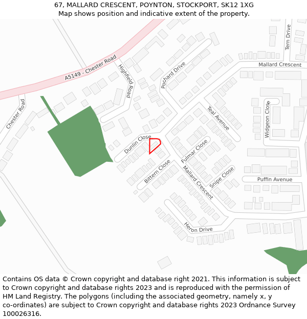 67, MALLARD CRESCENT, POYNTON, STOCKPORT, SK12 1XG: Location map and indicative extent of plot