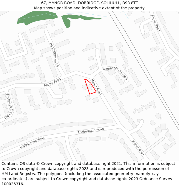 67, MANOR ROAD, DORRIDGE, SOLIHULL, B93 8TT: Location map and indicative extent of plot