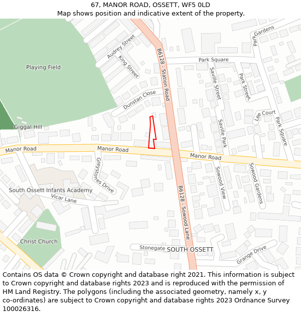 67, MANOR ROAD, OSSETT, WF5 0LD: Location map and indicative extent of plot