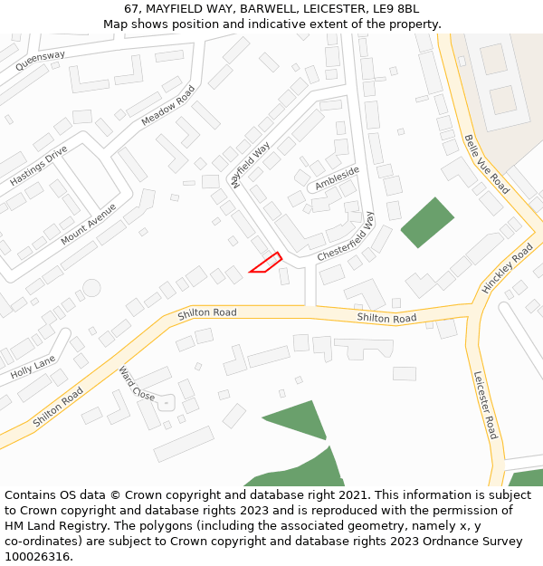67, MAYFIELD WAY, BARWELL, LEICESTER, LE9 8BL: Location map and indicative extent of plot