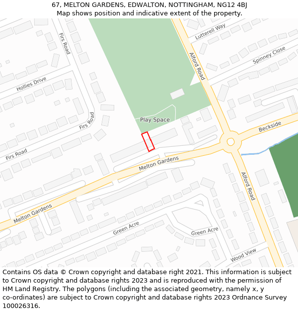 67, MELTON GARDENS, EDWALTON, NOTTINGHAM, NG12 4BJ: Location map and indicative extent of plot