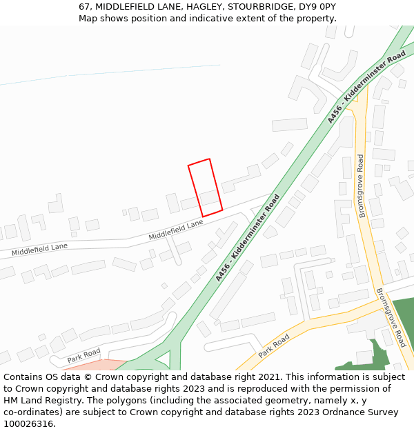 67, MIDDLEFIELD LANE, HAGLEY, STOURBRIDGE, DY9 0PY: Location map and indicative extent of plot