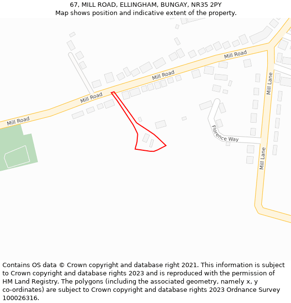 67, MILL ROAD, ELLINGHAM, BUNGAY, NR35 2PY: Location map and indicative extent of plot