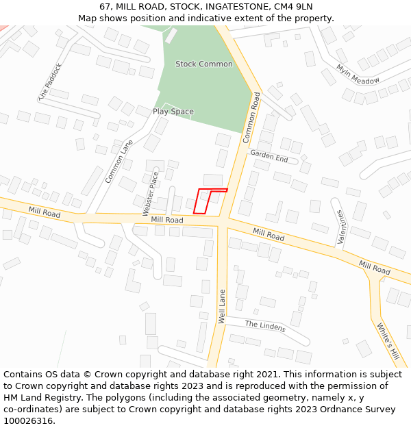 67, MILL ROAD, STOCK, INGATESTONE, CM4 9LN: Location map and indicative extent of plot