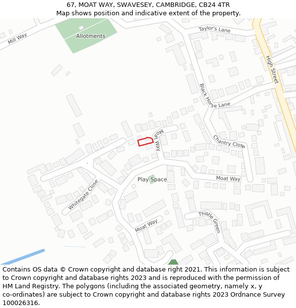 67, MOAT WAY, SWAVESEY, CAMBRIDGE, CB24 4TR: Location map and indicative extent of plot