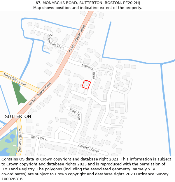 67, MONARCHS ROAD, SUTTERTON, BOSTON, PE20 2HJ: Location map and indicative extent of plot