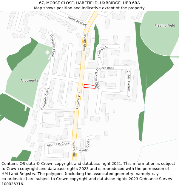 67, MORSE CLOSE, HAREFIELD, UXBRIDGE, UB9 6RA: Location map and indicative extent of plot
