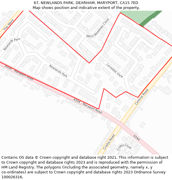 67, NEWLANDS PARK, DEARHAM, MARYPORT, CA15 7ED: Location map and indicative extent of plot