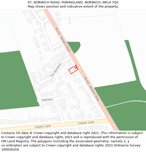 67, NORWICH ROAD, PORINGLAND, NORWICH, NR14 7QX: Location map and indicative extent of plot