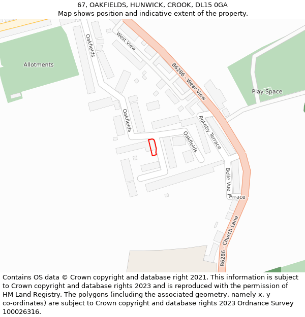 67, OAKFIELDS, HUNWICK, CROOK, DL15 0GA: Location map and indicative extent of plot