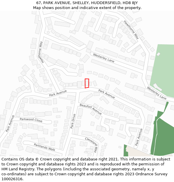 67, PARK AVENUE, SHELLEY, HUDDERSFIELD, HD8 8JY: Location map and indicative extent of plot