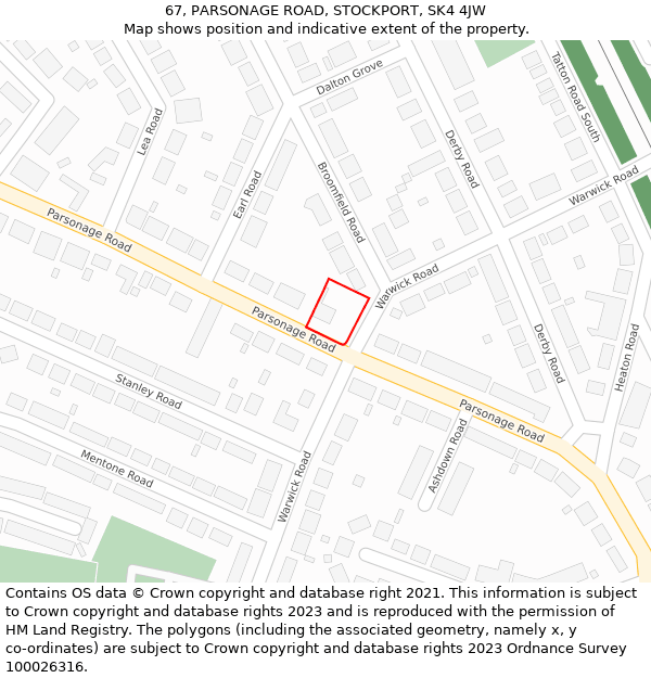 67, PARSONAGE ROAD, STOCKPORT, SK4 4JW: Location map and indicative extent of plot